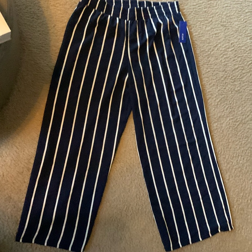Navy and white striped pants.